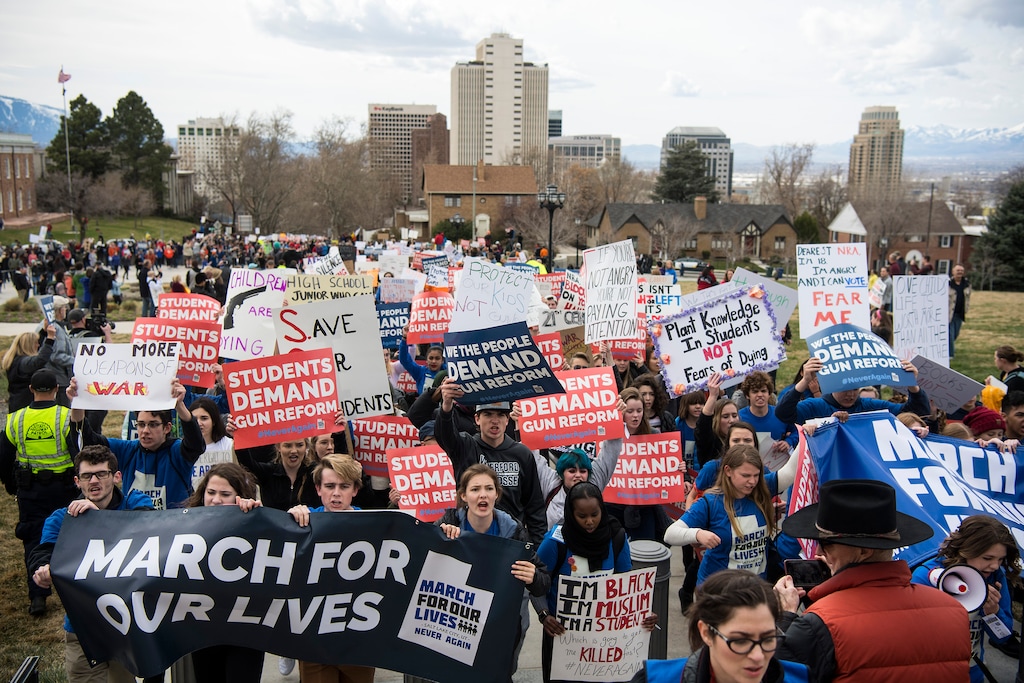 (Chris Detrick | The Salt Lake Tribune) Participants march from West High School to the state Capitol during the March for Our Lives SLC Saturday, March 24, 2018. The student-led March for Our Lives SLC got underway about 11:30 a.m. with what police estimated were 8,000 participants walking from Salt Lake City’s West High School to the front steps of the state Capitol.