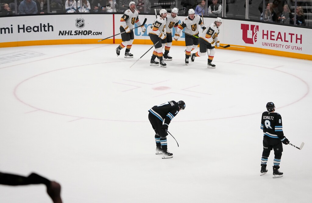 (Bethany Baker  |  The Salt Lake Tribune) Vegas Golden Knights react to a goal during the third period of the game at Delta Center in Salt Lake City on Friday, Nov. 15, 2024.