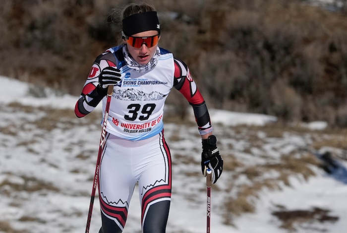 (Francisco Kjolseth | The Salt Lake Tribune) Novie McCabe  of the University of Utah races to a first place finish as she competes in the women’s 5K classic in the NCAA Skiing Championships held at the Soldier Hollow Nordic Center on Thursday, March 10, 2022 in Midway, Utah.
