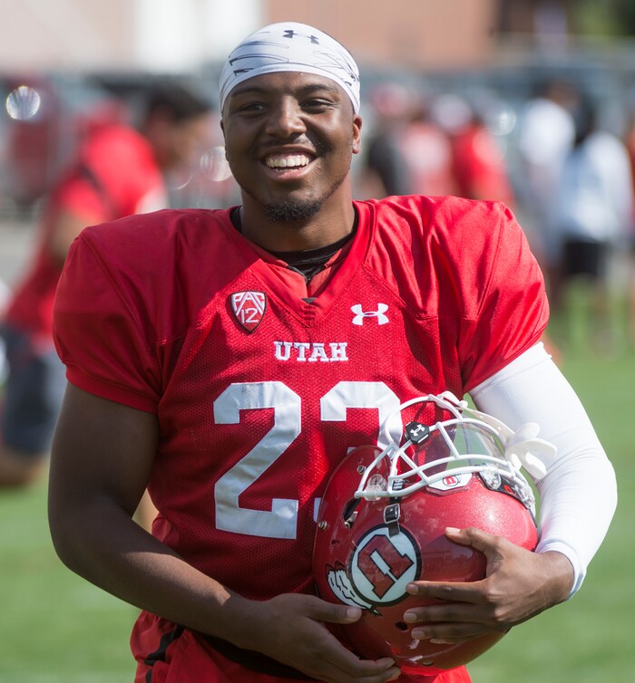 (Rick Egan  |  The Salt Lake Tribune)  University of Utah Running back Armand Shyne  (23), at football practice, Monday, July 31, 2017.


