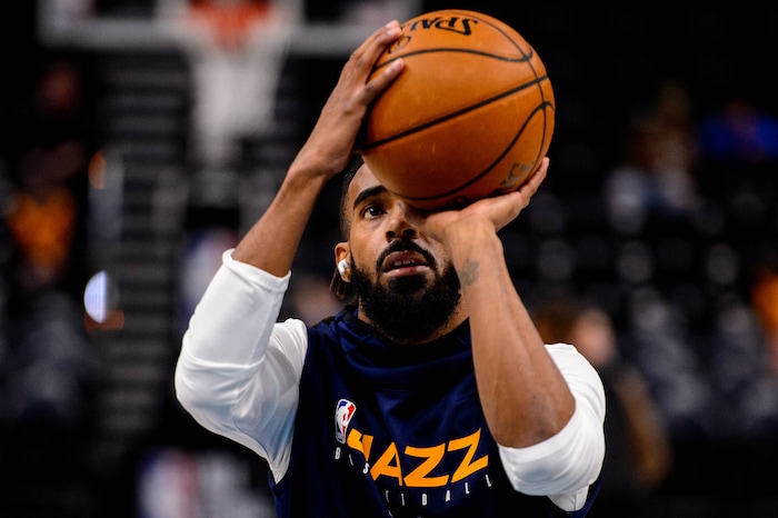 (Trent Nelson  |  The Salt Lake Tribune) Utah Jazz guard Mike Conley (10) warms up as the Utah Jazz host the Portland Trail Blazers, NBA basketball in Salt Lake City on Thursday, Dec. 26, 2019.