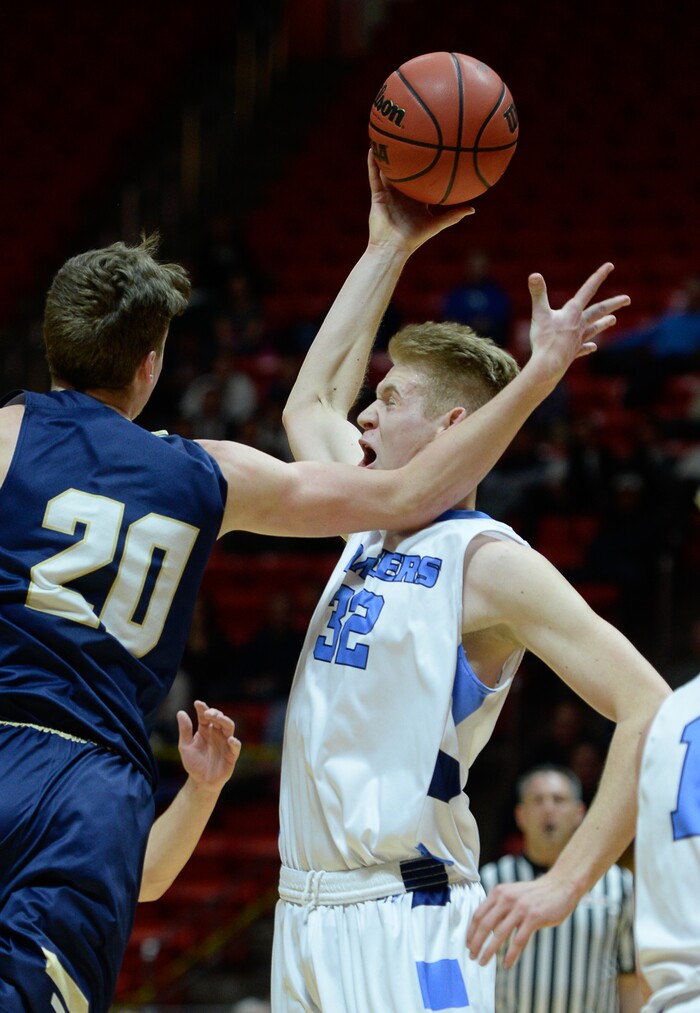 (Francisco Kjolseth  |  The Salt Lake Tribune)  Westlake vs Layton, 6A State high school basketball tournament at the Huntsman Center in Salt Lake City, Thursday March 1, 2018. Cooper Mattson (20), Skyler Turner (32).