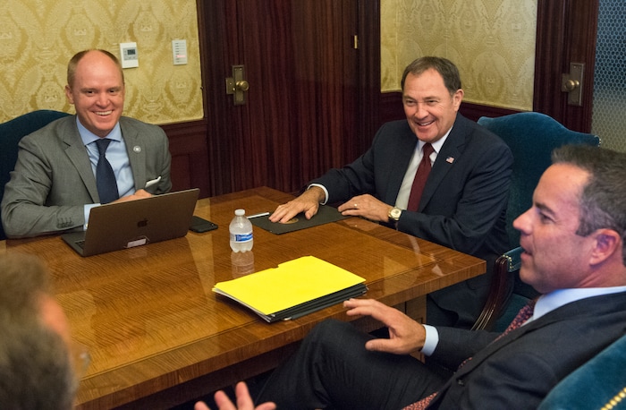 (Rick Egan  |  The Salt Lake Tribune)      Justin Harding, chief of staff for Gov. Herbert, sits in a meeting with Gov. Herbert,  Sen. Stuart Adams and Rep. Brad Wilson, at the governor's office, Tuesday, July 17, 2018.


