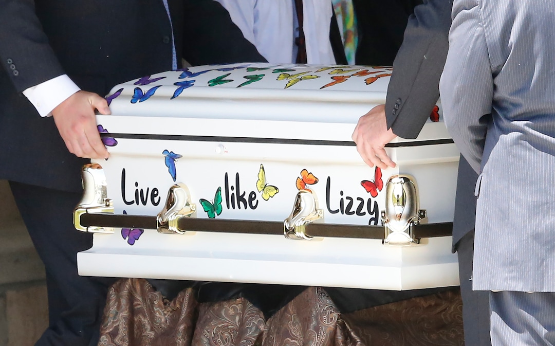 The casket for Elizabeth "Lizzy" Shelley, a 5-year-old girl who police say was taken from her home and killed by her uncle, is carried following services Tuesday, June 4, 2019, in Logan, Utah. Her uncle, Alex Whipple, is charged with killing her after his sister let him spend the night at the family's home, prosecutors said. Elizabeth "Lizzy" Shelley disappeared May 25 and was found dead less than a block from her home after a five-day search. (AP Photo/Rick Bowmer)