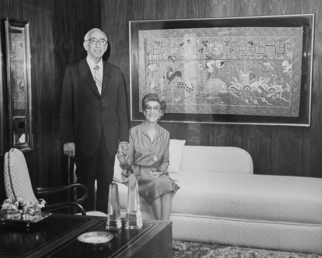 (photo courtesy of Utah Symphony) Mr. and Mrs. O.C. Tanner in the conductor's office at Symphony Hall in 1980. The pair were major benefactors of Symphony Hall.