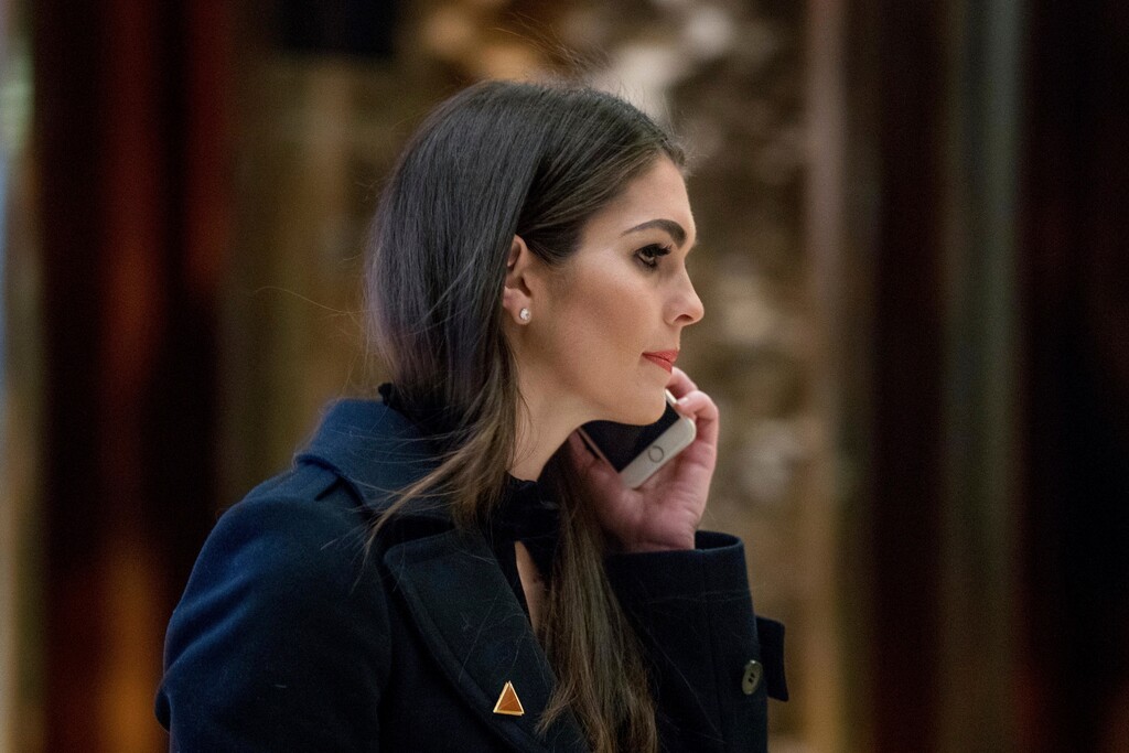 Hope Hicks, press secretary for President-elect Donald Trump's campaign, arrives at Trump Tower in New York, Monday, Jan. 16, 2017. (AP Photo/Andrew Harnik)