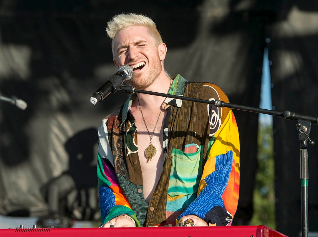(Rick Egan  |  The Salt Lake Tribune)  Nicholas Perticca from Walk The Moon, performs at the LoveLoud Festival at Brent Brown Ballpark at UVU campus, Saturday, August 26, 2017.