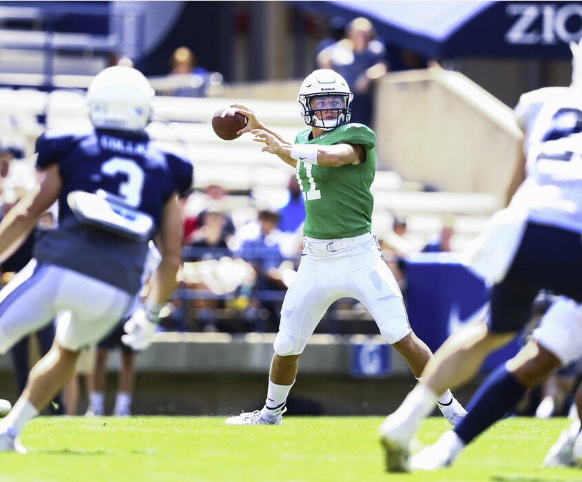 BYU freshman quarterback Zach Wilson gets ready to throw during Friday's preseason scrimmage at LaVell Edwards Stadium.  Observers said both Wilson and senior QB Tanner Mangum had their moments in the scrimmage. The two are battling for the starting job. | Photo courtesy of BYU Athletics