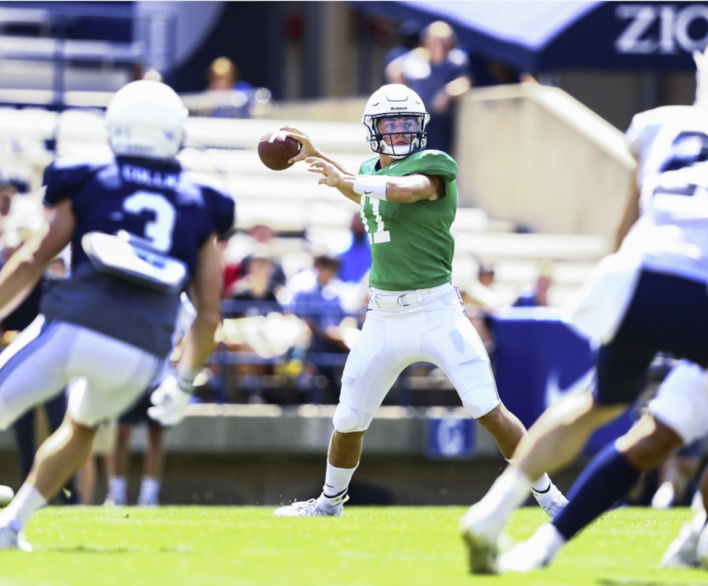 BYU freshman quarterback Zach Wilson gets ready to throw during Friday's preseason scrimmage at LaVell Edwards Stadium. Observers said both Wilson and senior QB Tanner Mangum had their moments in the scrimmage. The two are battling for the starting job. | Photo courtesy of BYU Athletics