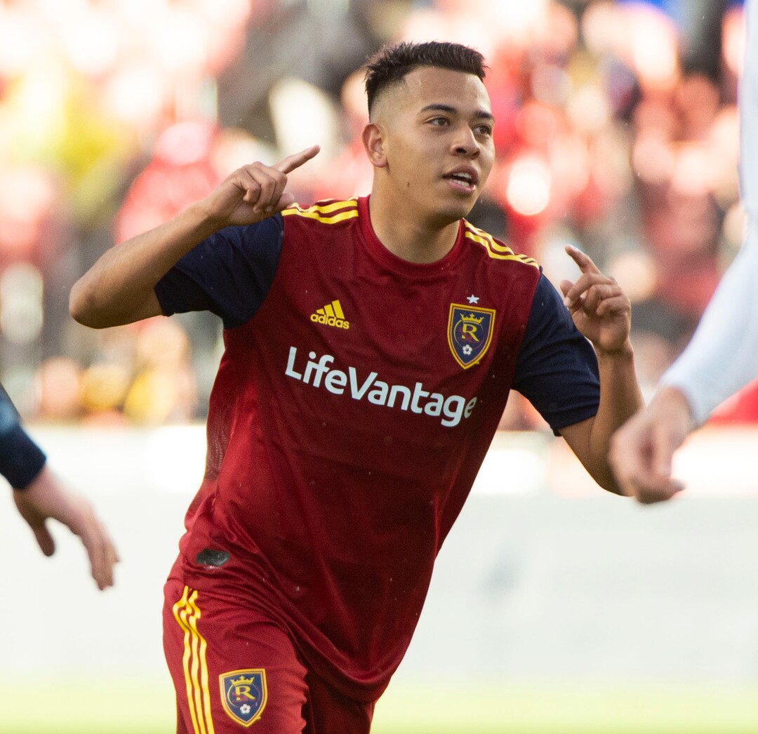(Rick Egan  |  The Salt Lake Tribune).  Real midfielder Sebastian Saucedo (23) reacts after scoring a Salt Lake goal, in MLS soccer action between Real Salt Lake and Atlanta United at Rio Tinto Stadium in Sandy, Friday, May 24, 2019.
