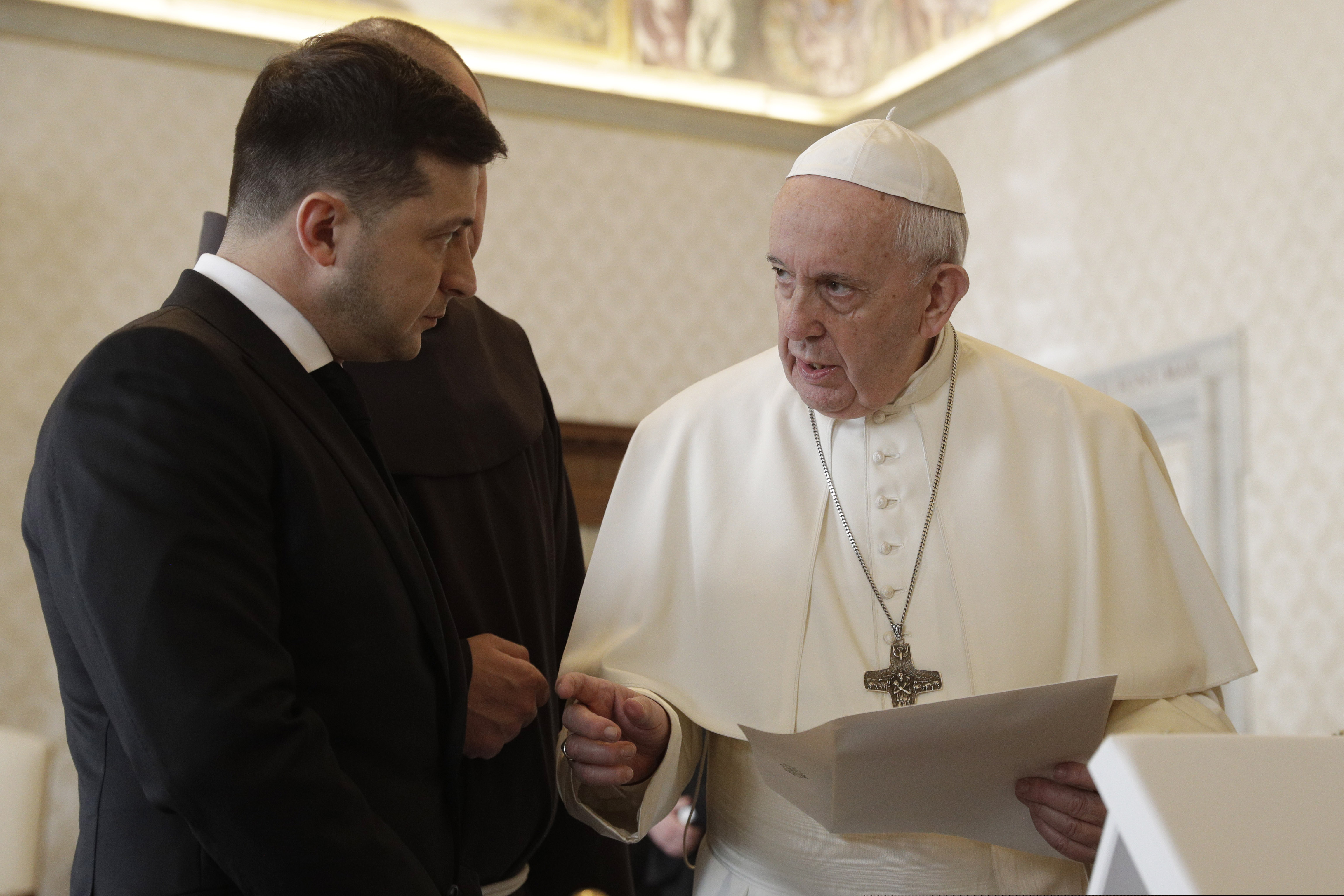 (Gregorio Borgia | AP | Pool)Pope Francis exchanges gifts with Ukrainian President Volodymyr Zelenskyy during a private audience at the Vatican in February 2020.