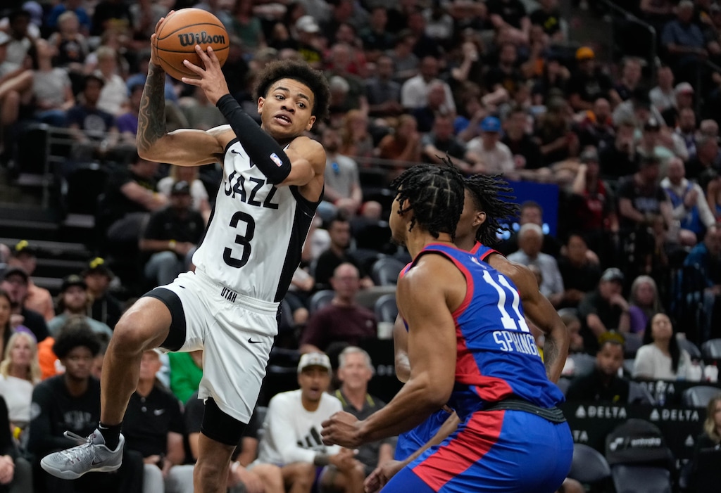 (Francisco Kjolseth | The Salt Lake Tribune) Utah Jazz guard Keyonte George (3) drive the ball past Philadelphia 76ers guard Jaden Springer (11) during an NBA Summer League basketball game Wednesday, July 5, 2023, at the Delta Center in Salt Lake City.