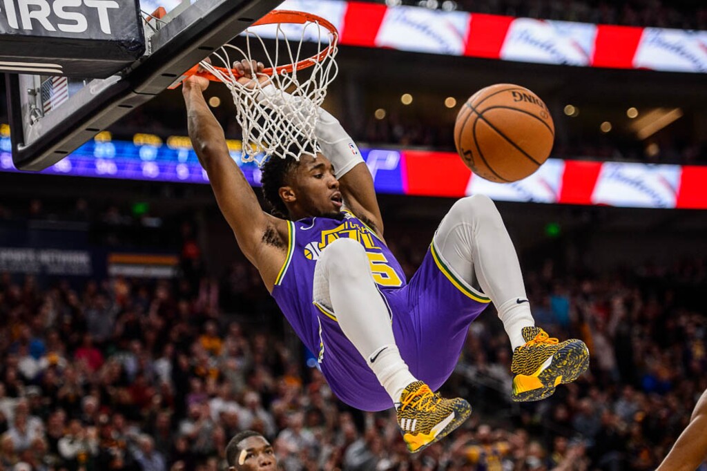 (Trent Nelson | The Salt Lake Tribune)  Utah Jazz guard Donovan Mitchell (45) dunks as the Utah Jazz host the New Orleans Pelicans, NBA basketball in Salt Lake City on Monday March 4, 2019.