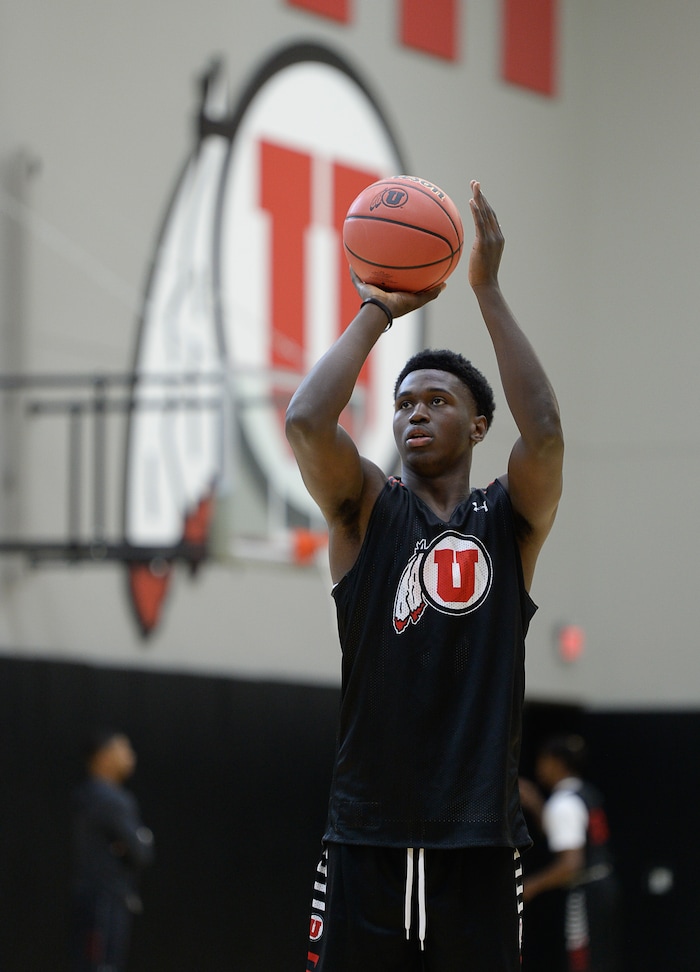 (Francisco Kjolseth  |  The Salt Lake Tribune)  Donnie Tillman practices his shots as the Utah men's basketball program begins fall practices with a fairly new roster of players on Friday, Sept. 29, 2017.