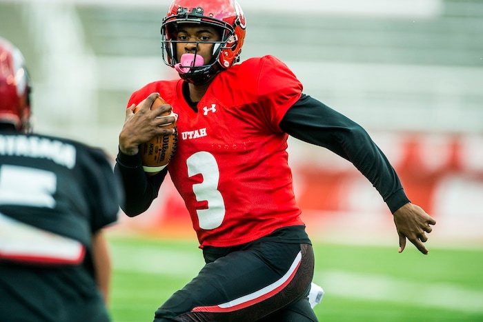 Chris Detrick  |  The Salt Lake Tribune
Utah Utes quarterback Troy Williams (3) runs the ball during a scrimmage at Rice-Eccles Stadium Friday March 31, 2017.  