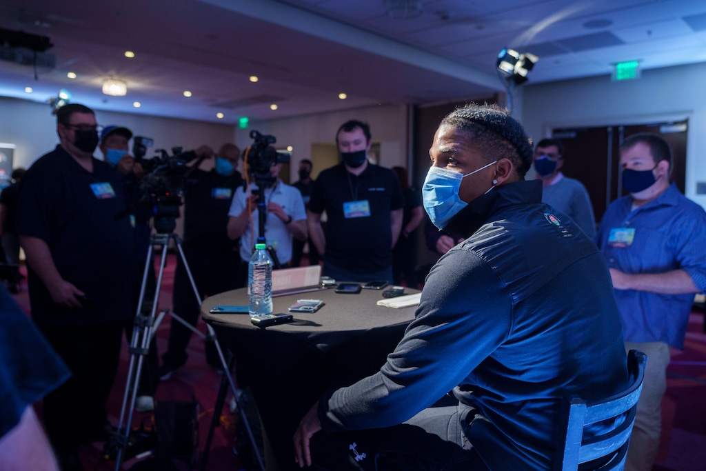 (Trent Nelson  |  The Salt Lake Tribune) Tavion Thomas during a Rose Bowl media session in Los Angeles on Tuesday, Dec. 28, 2021.