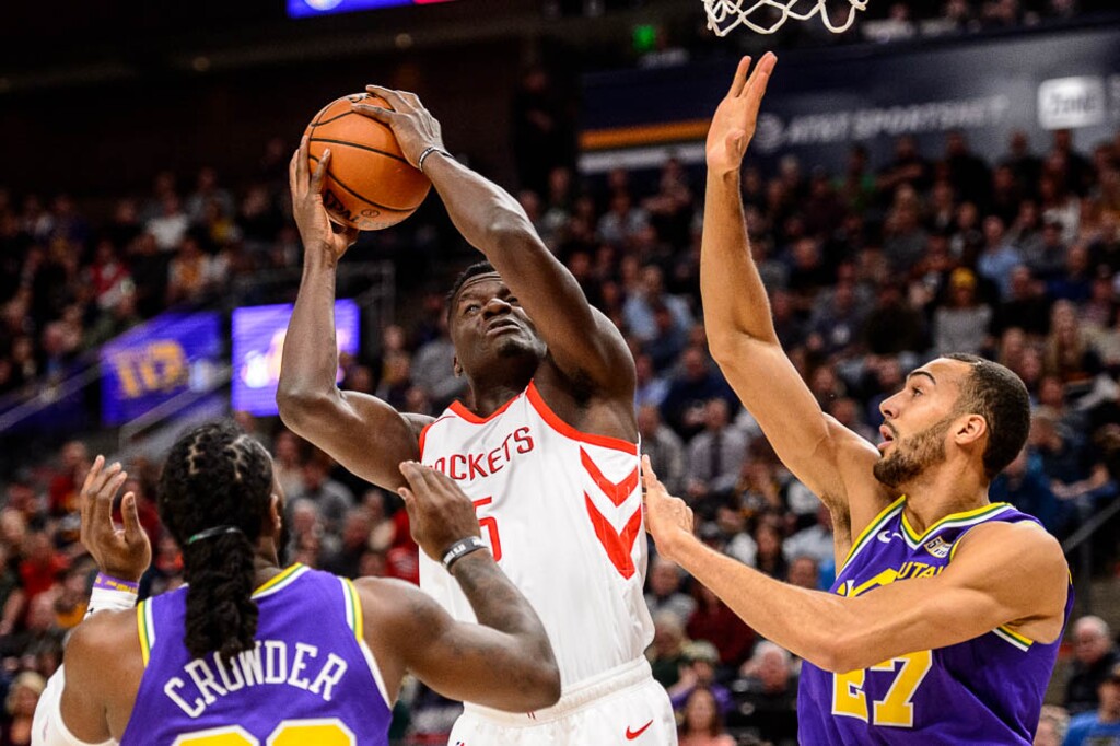 (Trent Nelson | The Salt Lake Tribune)  Houston Rockets center Clint Capela (15) shoots over Utah Jazz center Rudy Gobert (27). The Utah Jazz host the Houston Rockets, NBA basketball in Salt Lake City on Thursday Dec. 6, 2018.