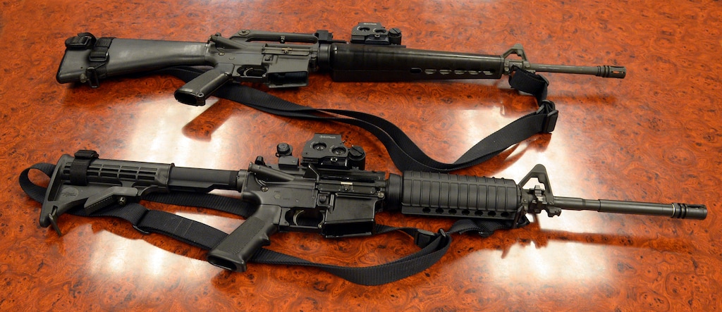 (Rick Egan| The Salt Lake Tribune)  An military-style M-16, top, and a civilian model AR-15, bottom. Tribune columnist Gordon Monson is calling on Latter-day Saint leaders to speak out on guns and for greater gun control.