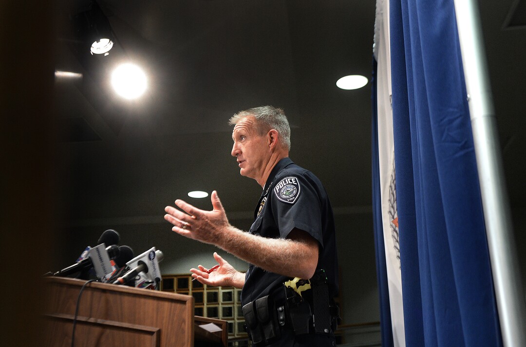 Scott Sommerdorf   |  The Salt Lake Tribune  UPD's Jim Winder speaks to the media with an update on the arrest / shooting of suspect involved in the slaying of Magna woman, Friday, June 3, 2016.