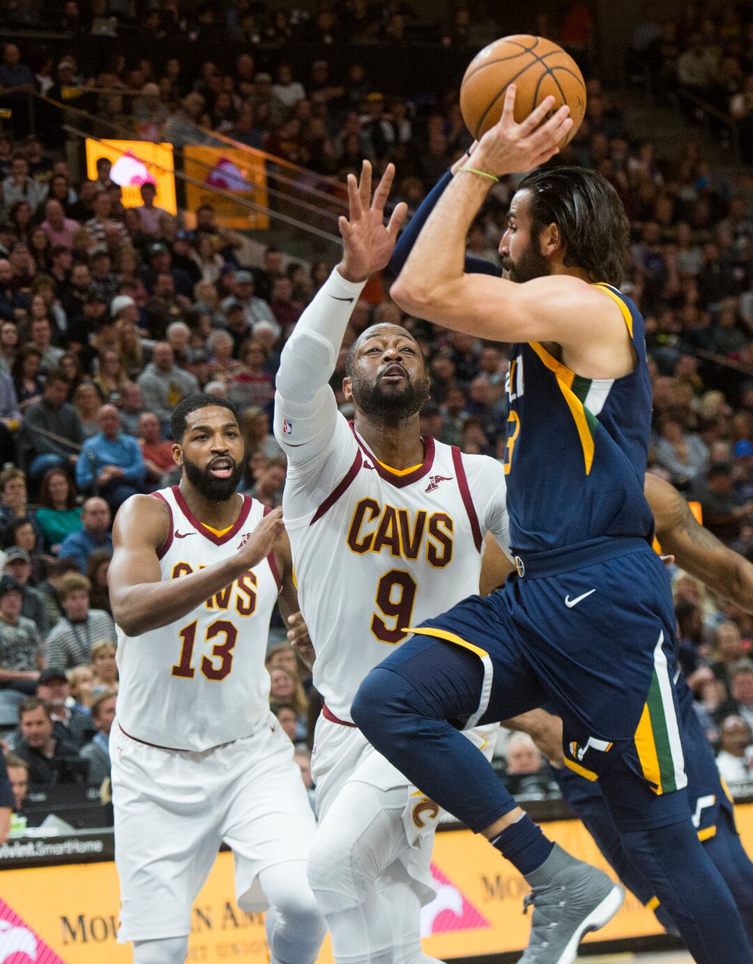 (Rick Egan  |  The Salt Lake Tribune)   Cleveland Cavaliers guard Dwyane Wade (9) defends as Utah Jazz guard Ricky Rubio (3) takes the ball to the hoop, in NBA action Utah Jazz vs Cleveland Cavaliers, in Salt Lake City,  Saturday, December 30, 2017.