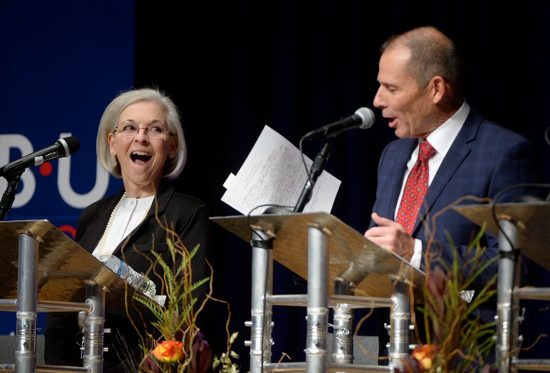 (Scott Sommerdorf   |  The Salt Lake Tribune)   Dr, Kathie Allen gasps as Mayor John Curtis answered a question about education by producing his 5th grade report card to make a point about him as a candidate. He shared that his teacher said "he did not play well with others" among other things. Utah's 3rd District Congressional debate, Friday, October 13, 2017. 