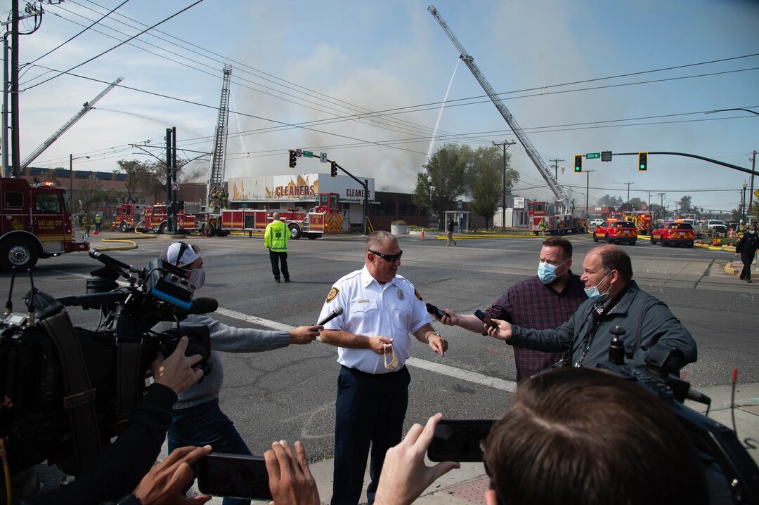 (Francisco Kjolseth  |  The Salt Lake Tribune) Ryan Mellor, Division Chief at Salt Lake City Fire Department gives an update on a suspected arson fire at an abandoned dry cleaner business at the corner of 800 South 200 West in Salt Lake City on Wednesday, Sept. 9, 2020.