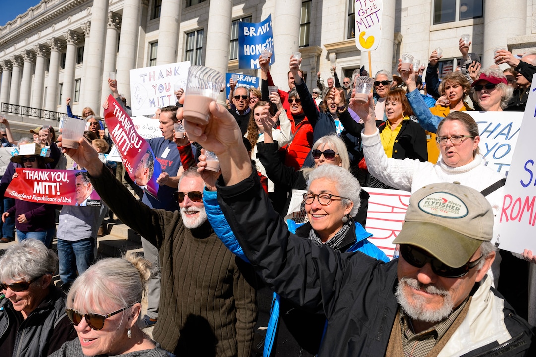 (Trent Nelson  |  The Salt Lake Tribune) A rally and chocolate milk toast to Sen. Mitt Romney at the state Capitol in Salt Lake City on Friday, Feb. 28, 2020. Mormon Women for Ethical Government and other groups organized the rally, after Romney voted to convict Donald Trump during an impeachment trial in the Senate.