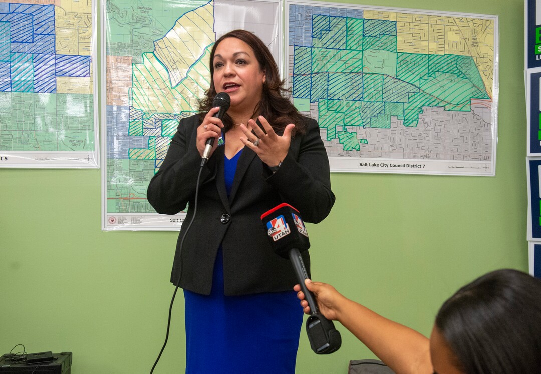 (Rick Egan  |  The Salt Lake Tribune)  Salt Lake City mayoral candidate Luz Escamilla thanks friends and supporters as she awaits the ballot results in the Salt Lake City Mayor's race, at her campaign headquarters, Tuesday, Nov. 5, 2019.
