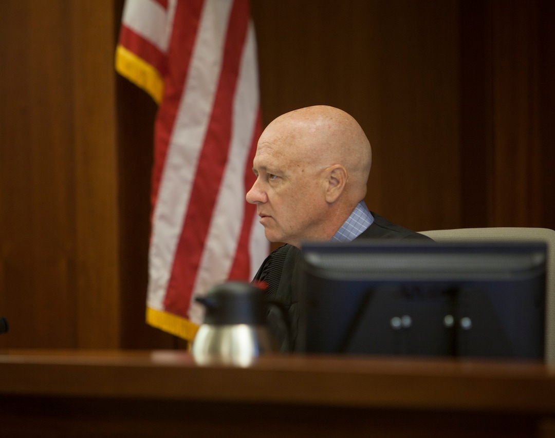 (Chris Caldwell  |  Pool Photo)  Judge Paul Dame during the detention hearing and initial appearance for the 16-year-old boy accused of bringing a bomb to Pine View High School. Wednesday, March 28, 2018.