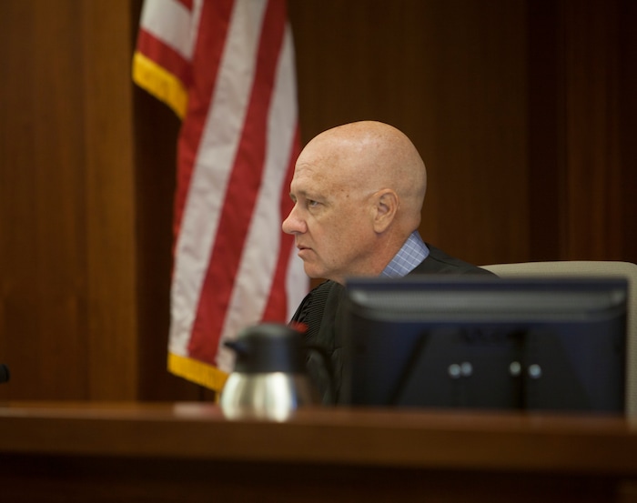 (Chris Caldwell  |  Pool Photo)  Judge Paul Dame during the detention hearing and initial appearance for the 16-year-old boy accused of bringing a bomb to Pine View High School. Wednesday, March 28, 2018.