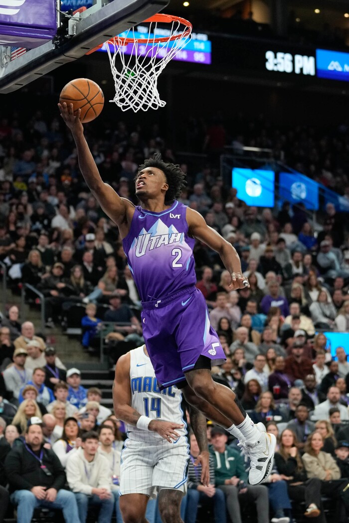 (Francisco Kjolseth  | The Salt Lake Tribune) Utah Jazz guard Collin Sexton (2) sails in a basket as the Utah Jazz host the Orlando Magic during NBA basketball at the Delta Center in Salt Lake City on Saturday, February. 1, 2025.