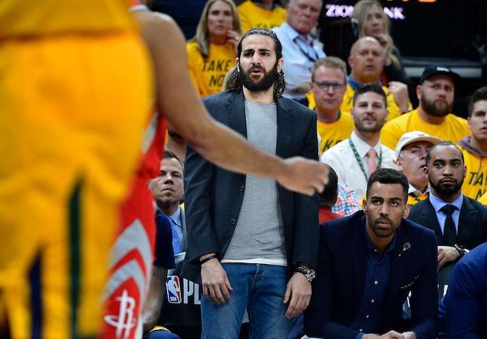 (Scott Sommerdorf | The Salt Lake Tribune)
Utah Jazz guard Ricky Rubio (3) reacts in apparent disgust to a second half foul call by a referee. The Rockets beat the Jazz 100-87, Sunday, May 6, 2018.
