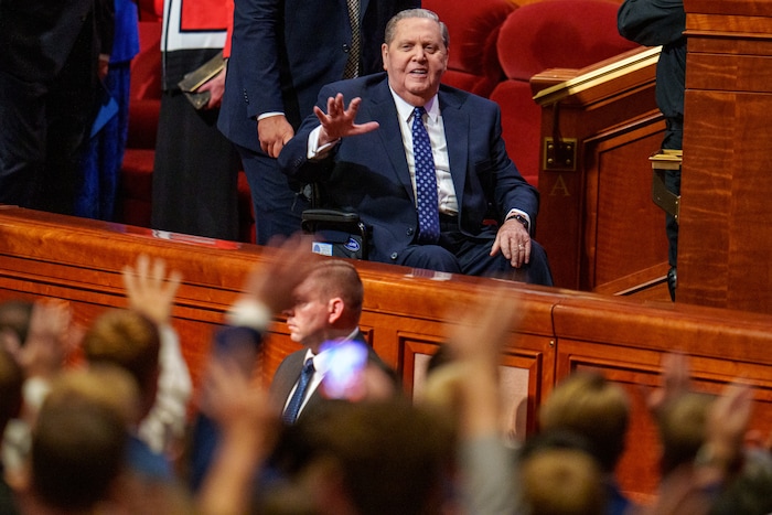 (Trent Nelson  |  The Salt Lake Tribune) Jeffrey R. Holland waves to the congregation after General Conference on Sunday, Oct. 6, 2024.
