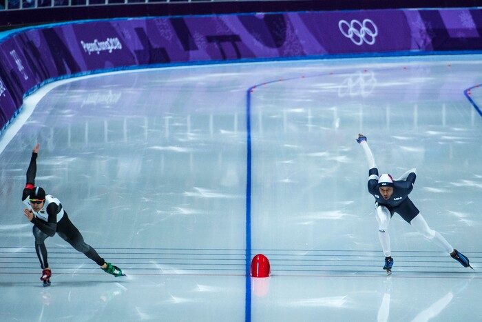 (Chris Detrick  |  The Salt Lake Tribune) Shani Davis of the United States races Takuro Oda of Japan in the Men's 1,000m at Gangneung Oval during the Pyeongchang 2018 Winter Olympics Friday, Feb. 23, 2018. Davis finished in 7th place with a time of 1:08.78. Oda finished in 5th place with a time of 1:08.568.