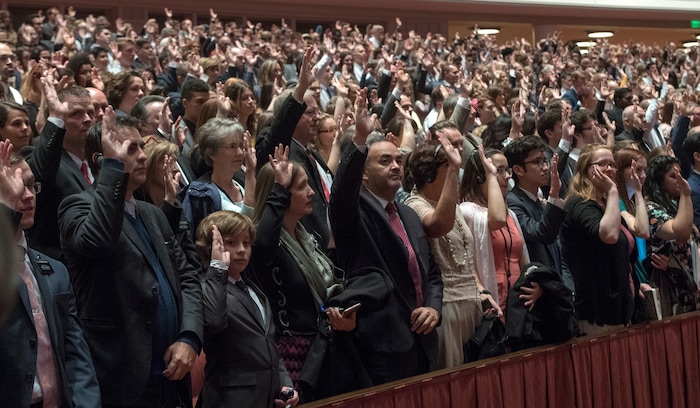 (Rick Egan  |  The Salt Lake Tribune)         Everyone in attendance stand to sustain President Russell M. Nelson and the first presidency of the church, during a  Solemn Assembly in the Saturday morning session of the 188th Annual General Conference in Salt Lake City,  Saturday, March 31, 2018.