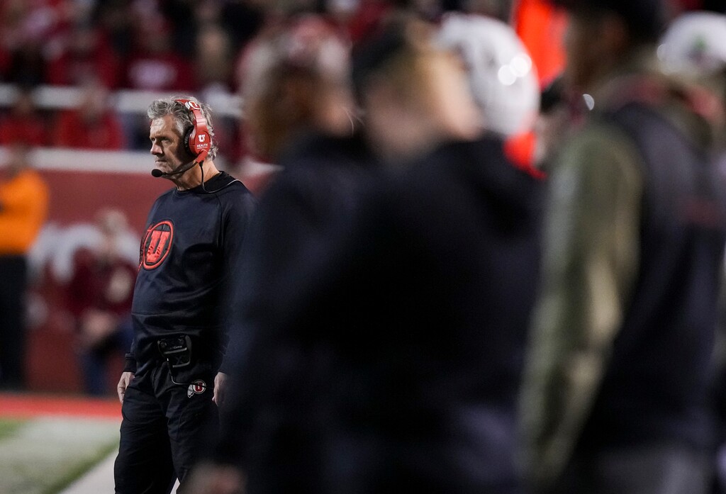 (Bethany Baker  |  The Salt Lake Tribune) Utah Utes head coach Kyle Whittingham watches during the game between the Utah Utes and the Colorado Buffaloes at Rice-Eccles Stadium in Salt Lake City on Saturday, Oct. 25, 2025.