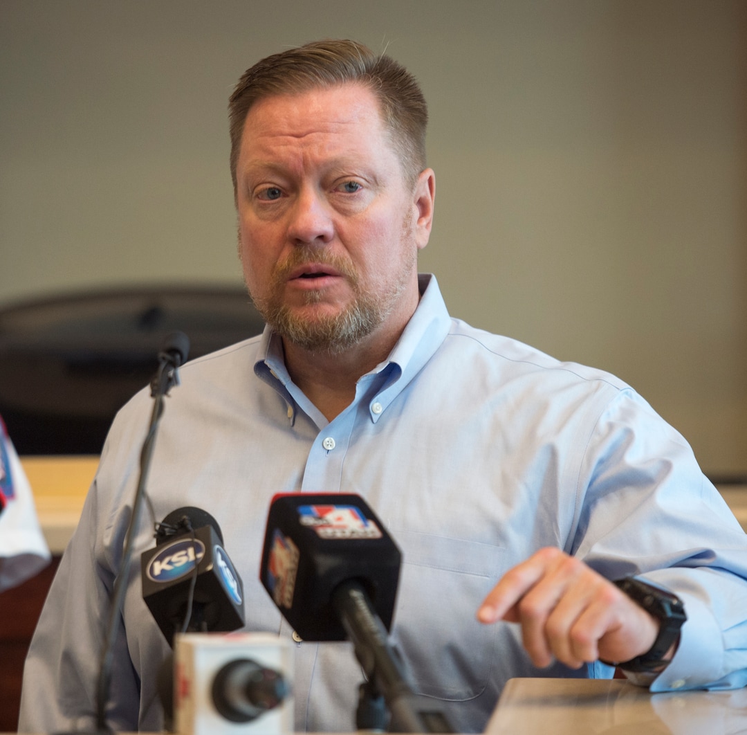 (Rick Egan  |  The Salt Lake Tribune)         Draper City Mayor, Troy Walker, speaks at a news conference at Draper City Hall about Matt Burchett, 42, who died fighting wildfires in California. Tuesday, Aug. 14, 2018.