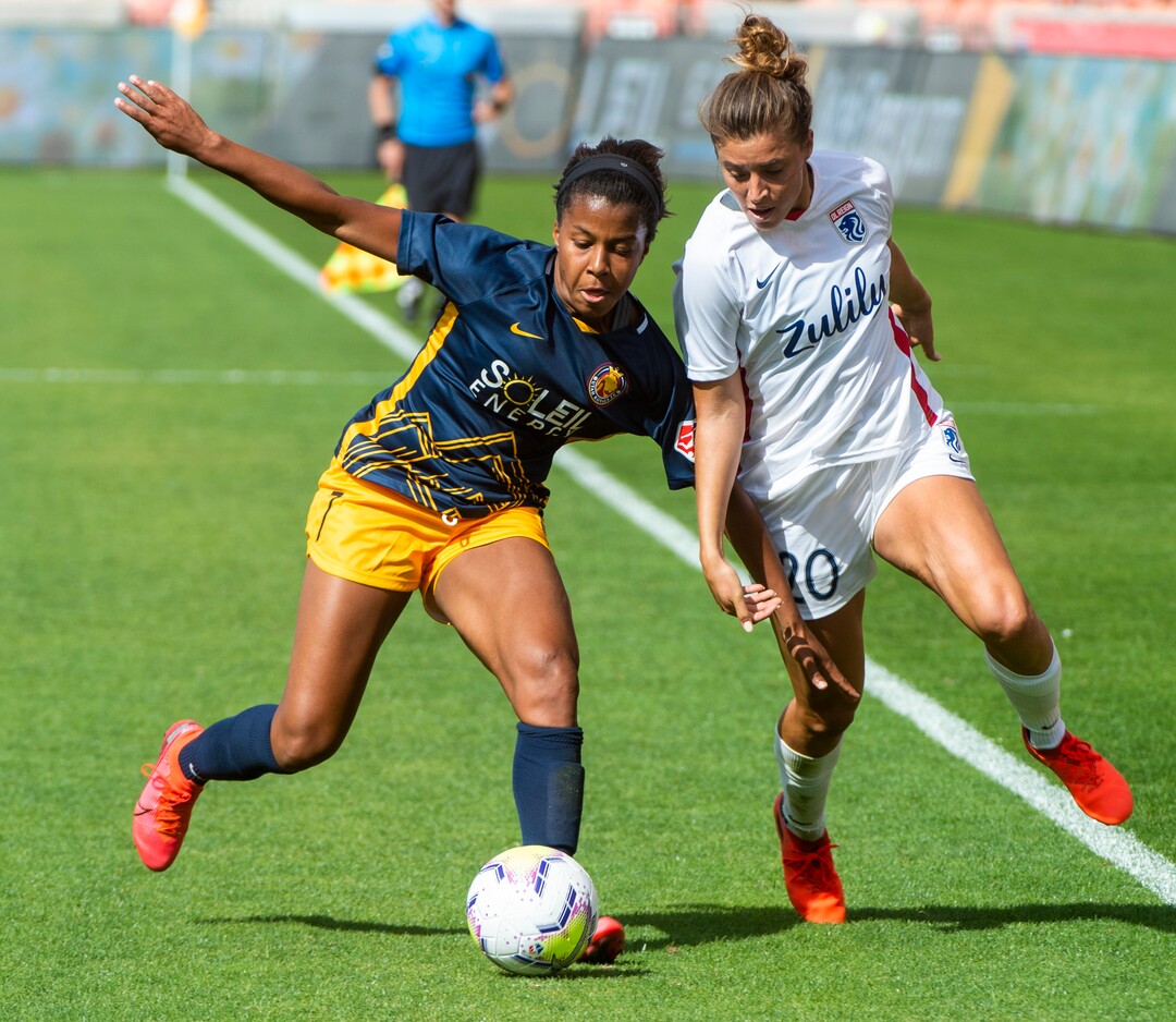 (Rick Egan  |  The Salt Lake Tribune) Utah Royals FC midfielder  Elizabeth Ball (7) goes for the ball along with OL Reign FC attacker SofiaHuerta, in soccer action between Utah Royals FC and Ol Reign FC at Rio Tinto Stadium in Sandy, Saturday, Sept. 26, 2020.