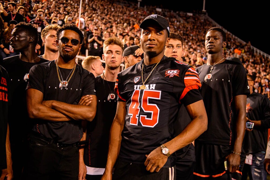 (Trent Nelson | The Salt Lake Tribune)  Utah Jazz star Donovan Mitchell on the sideline as the University of Utah hosts Washington at Rice-Eccles Stadium in Salt Lake City, Saturday Sept. 15, 2018.