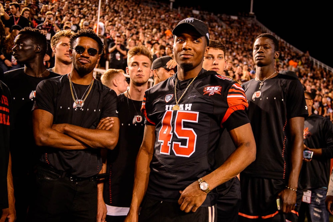 (Trent Nelson | The Salt Lake Tribune)  Utah Jazz star Donovan Mitchell on the sideline as the University of Utah hosts Washington at Rice-Eccles Stadium in Salt Lake City, Saturday Sept. 15, 2018.