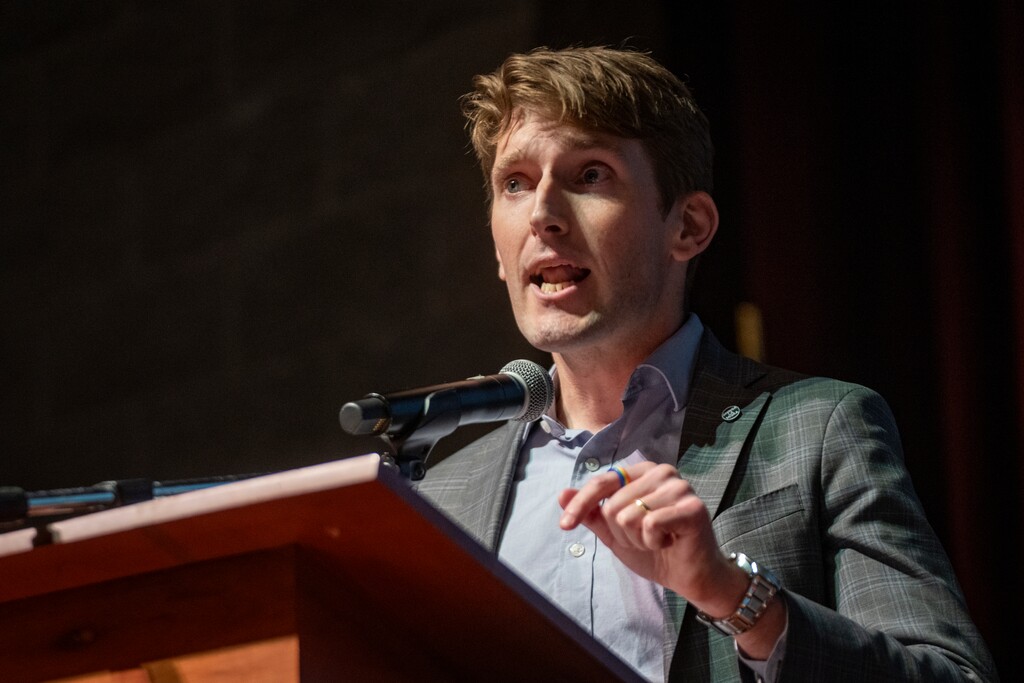 (Rick Egan | The Salt Lake Tribune) First Congressional District Democratic candidate Nate Blouin speaks at the Democratic nominating convention at Jordan High School in Sandy on Saturday, April 25, 2026.