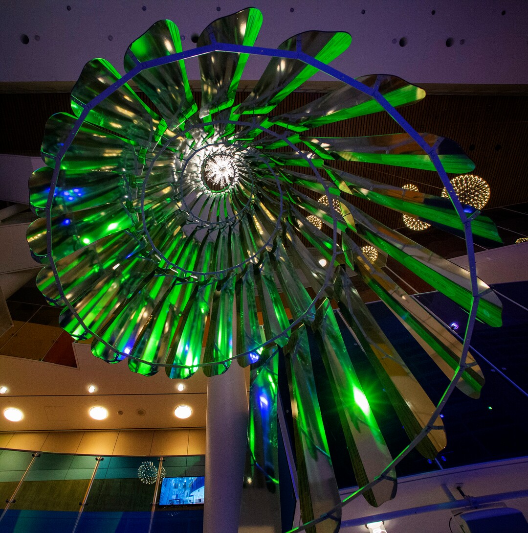 (Rick Egan  |  The Salt Lake Tribune) Eccles Theater unveils its annual Holiday Tree art installation, Monday, Dec. 2, 2019. The title is "Winter Wind," created by Rob Beishline & Shelley Beishline of Tooza Design. The work features 75 snowboards.