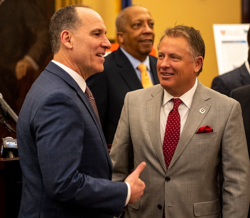 (Rick Egan | The Salt Lake Tribune)  John Wagner, director, Idaho National Laboratory, chats with Taylor Randall, President, of the University of Utah, after a news conference about The U of U and the Idaho National Laboratory partnering together to expand research opportunities, atet e State Capoitol, on Wednesday, Feb. 23, 2022.