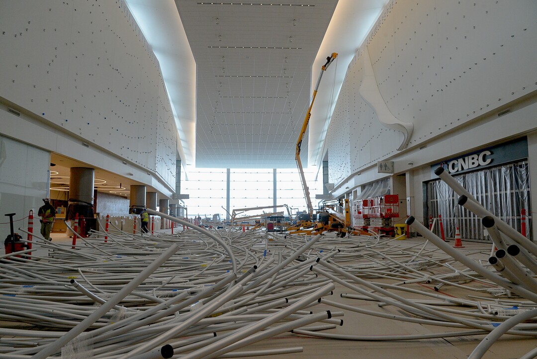 (Francisco Kjolseth  |  The Salt Lake Tribune) The area known as The Canyon begins to take shape with crews stretching fabric over metal fins to simulate southern Utah canyon walls as crews continue their work in the first phase of construction of the Salt Lake City International Airport on Wednesday, May 20, 2020.