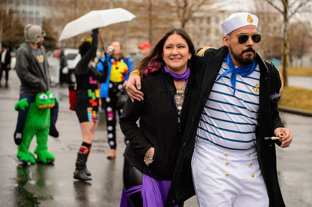 (Trent Nelson | The Salt Lake Tribune) Monica Gadd and Giovanni Platt at the 12th Annual Urban Chariot Pub Crawl (formerly the Urban Iditarod) in Salt Lake City on Saturday March 2, 2019.