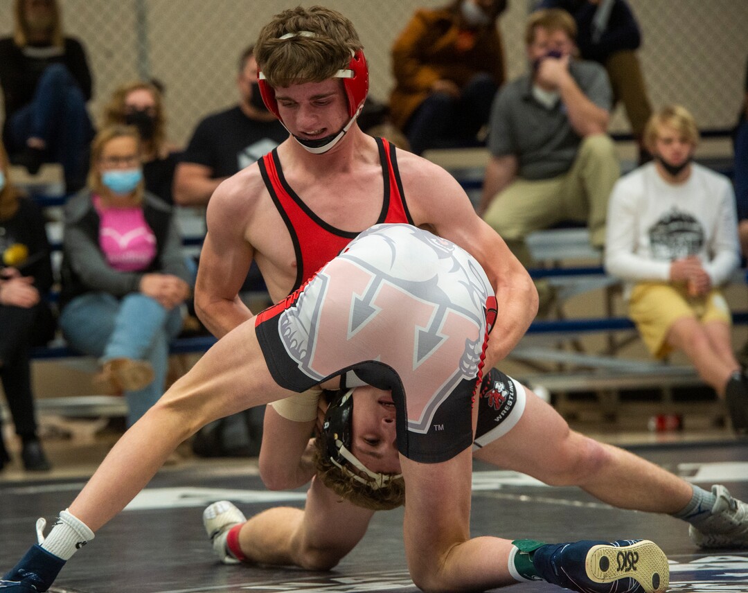 (Rick Egan | The Salt Lake Tribune) Brady Merkley (Uintah) wrestle Drew Lang (West) in the 138 division at the High School All Star wrestling event in Orem, on Tuesday, Jan. 12, 2021.