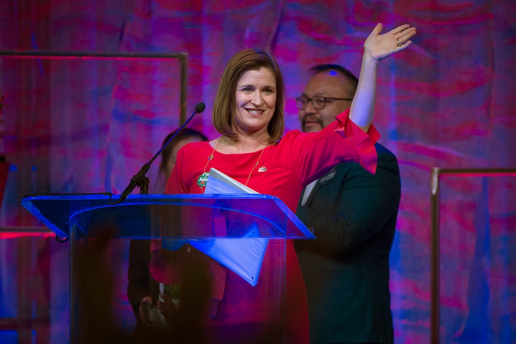 (Scott Sommerdorf | The Salt Lake Tribune | The Associated Press) In this April 28, 2018 file photo, Democratic Senate candidate Jenny Wilson speaks at the Democratic convention at the Salt Palace in Salt Lake City. Mitt Romney looks like a shoo-in for a Senate seat from Utah after winning a landslide primary victory and toning down his criticism of Donald Trump, but first he'll face a Democratic opponent with a distinctly different political outlook.