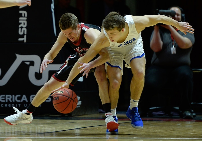 (Francisco Kjolseth  |  The Salt Lake Tribune)  Weber vs Pleasant Grove, 6A State high school basketball tournament at the Huntsman Center in Salt Lake City, Thursday March 1, 2018. Weber's Brandon Carpenter (22), battles Casey Brown of Pleasant Grove. 
