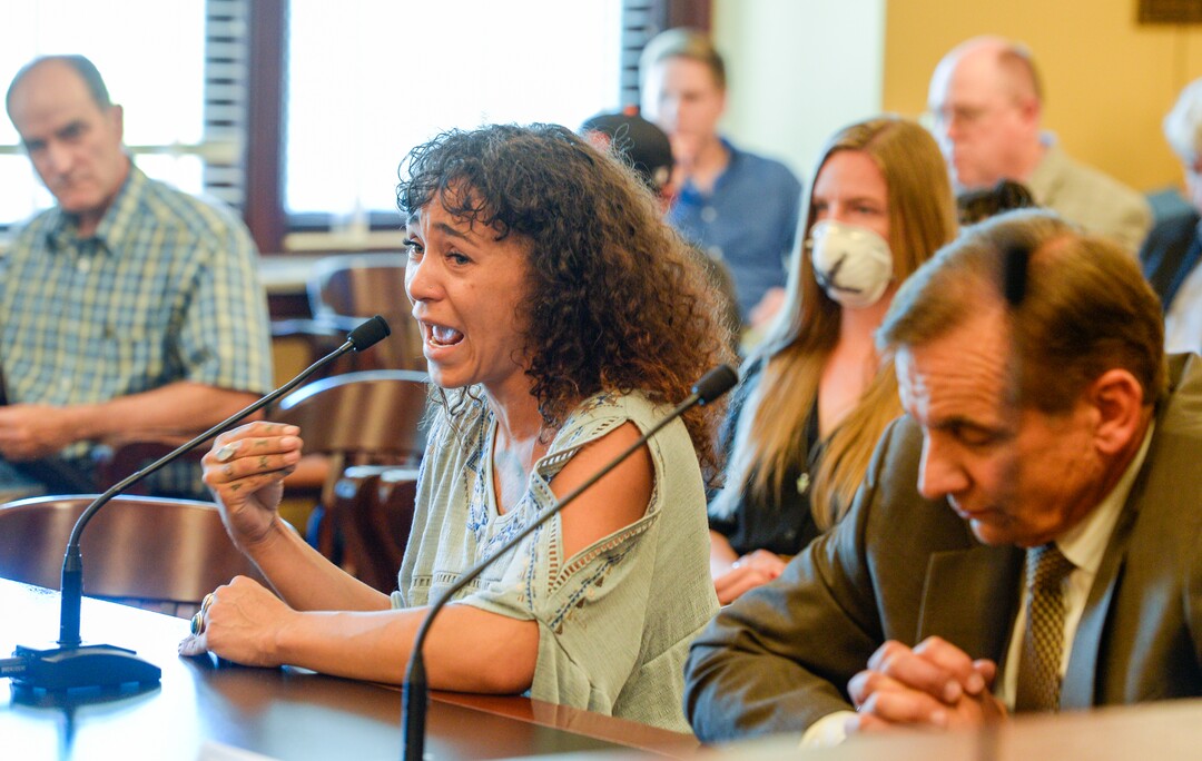 (Leah Hogsten  |  The Salt Lake Tribune) ÒAll the souls on the earth, we deserve better than this greed and this corruption. I canÕt take it anymore,Ó said Heather June Marron during the Utah Inland Port Authority Board  meeting at the Capitol, June 5, 2019. The Inland Port Authority Board had to cancel its meeting last month after a group of protesters took over the meeting.