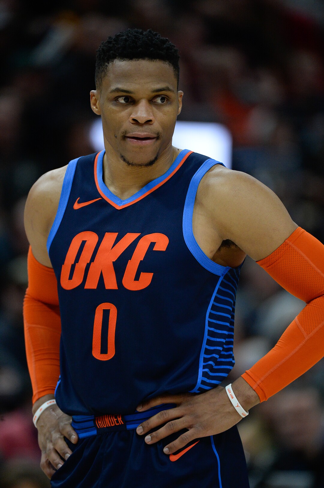 (Francisco Kjolseth  |  The Salt Lake Tribune)   Oklahoma City Thunder guard Russell Westbrook (0) keeps his eye on the Jazz in the NBA game at Vivint Smart Home Arena Sat., Dec. 22, 2018, in Salt Lake City.